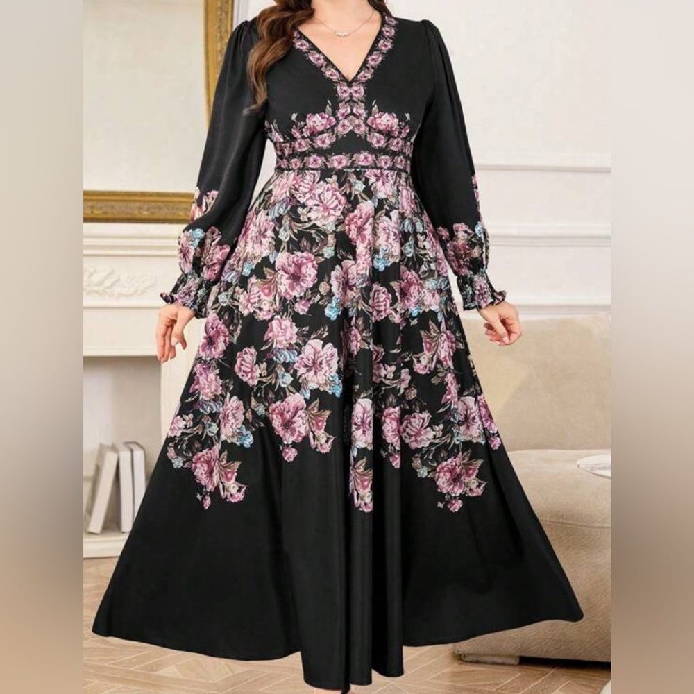 Plus Size Elegant Floral Print Maxi Dress Casual V-Neck Lantern Sleeve